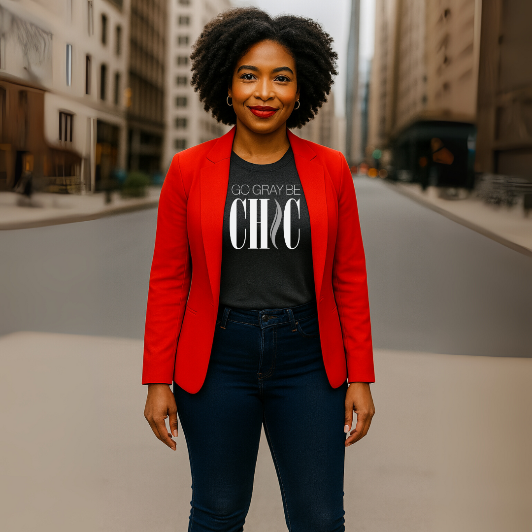 The Go Gray Be CHIC white logo COLORFUL Tee