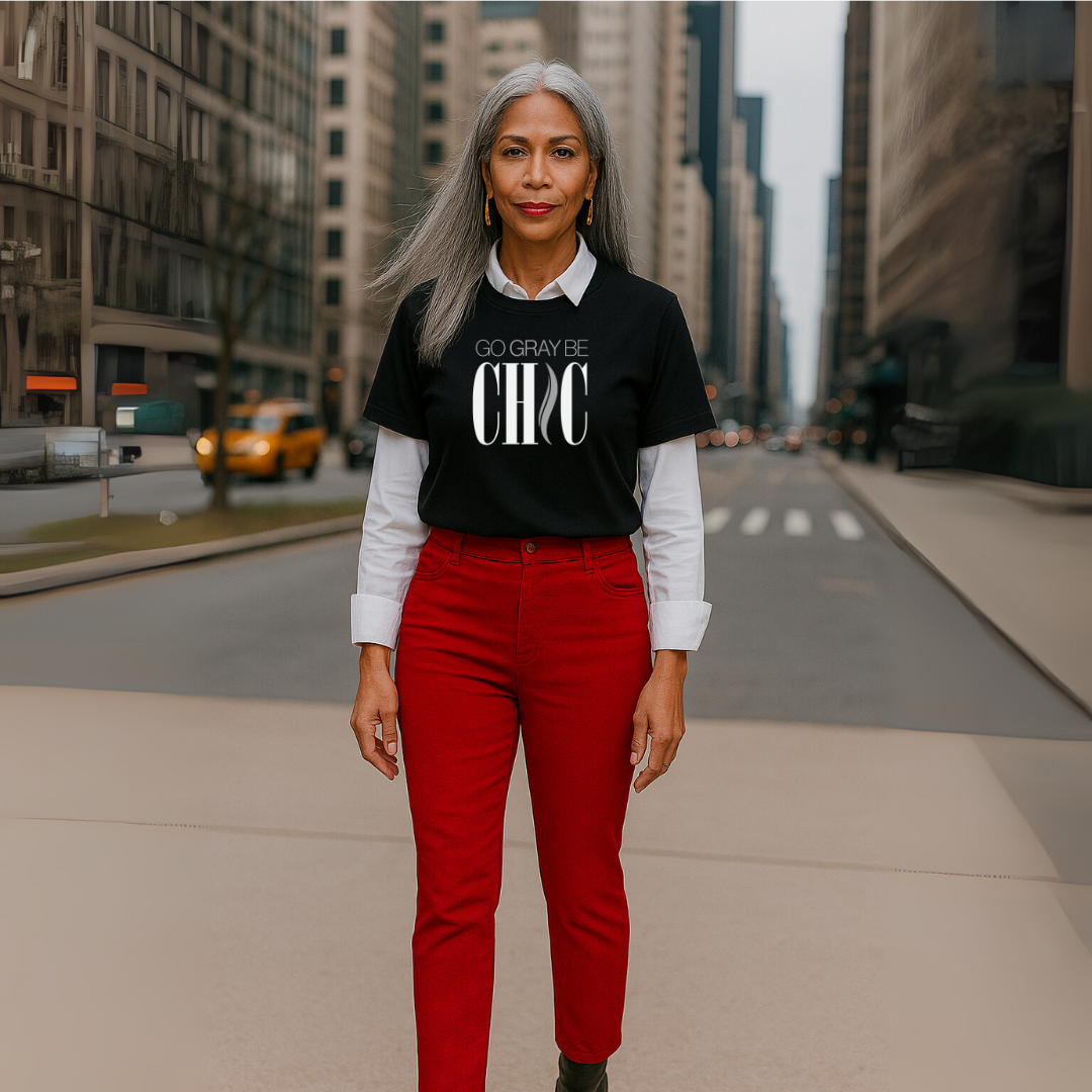 The Go Gray Be CHIC white logo COLORFUL Tee